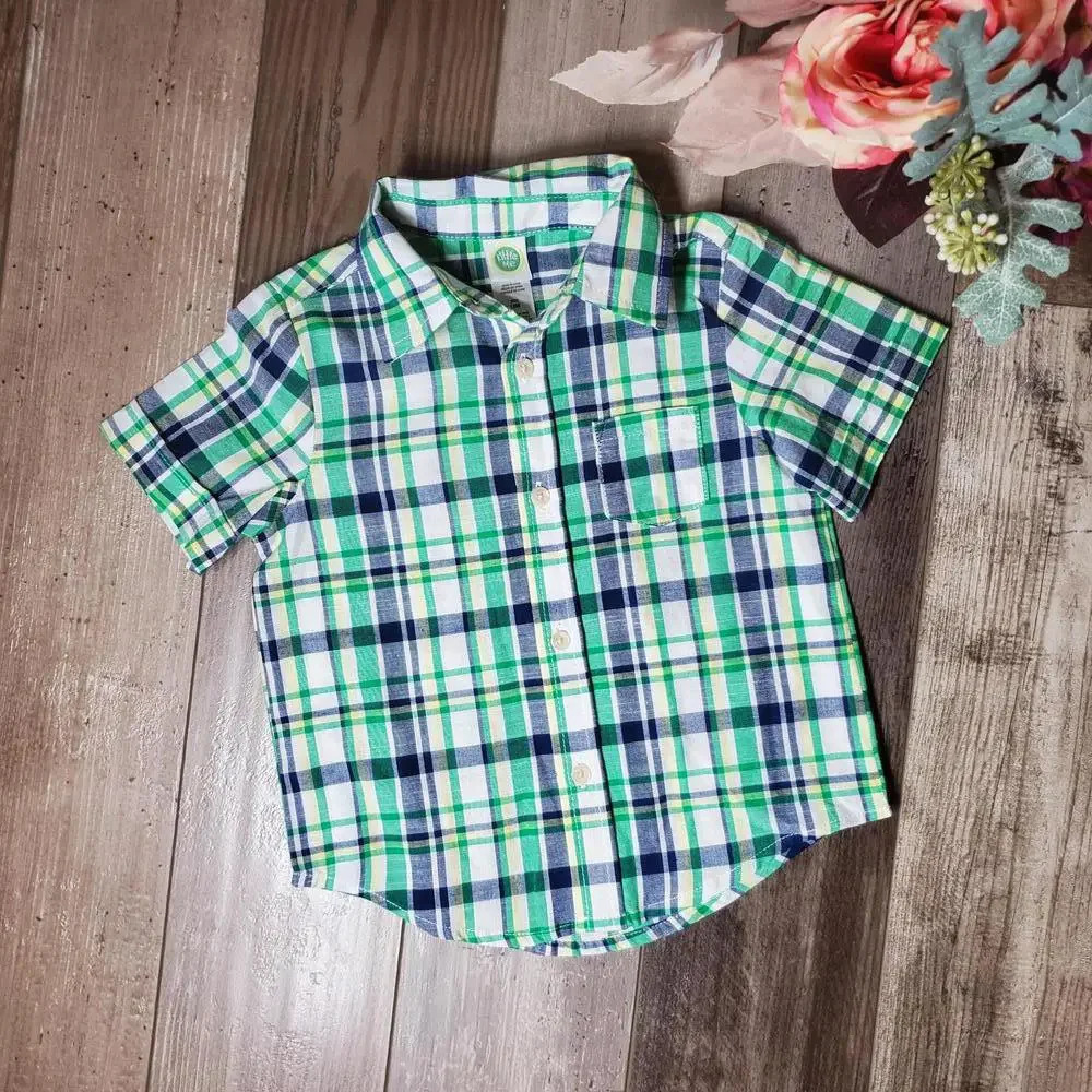 Little Me Green Blue and White Plaid Button Down Shirt Toddler Boy Size 18M NWOT